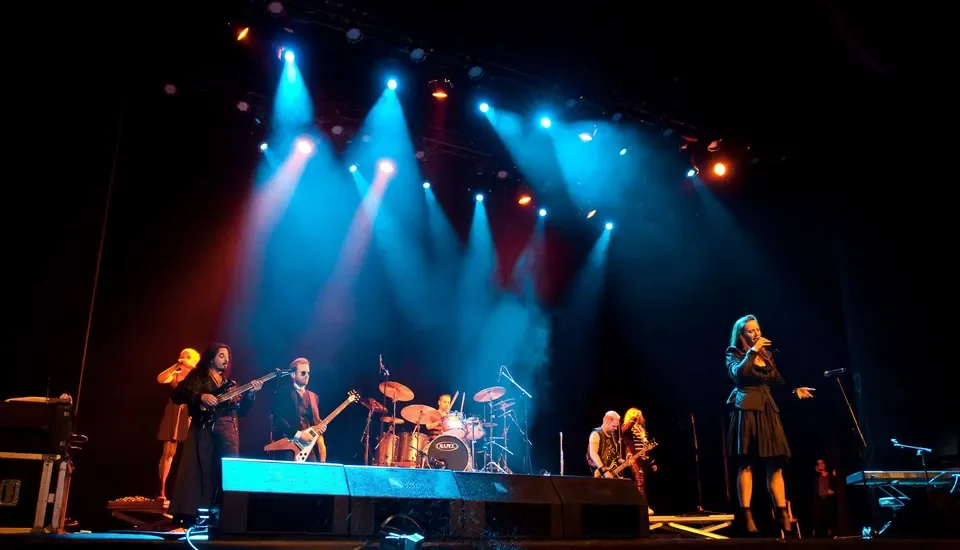Palco com feixes de luz azul durante show